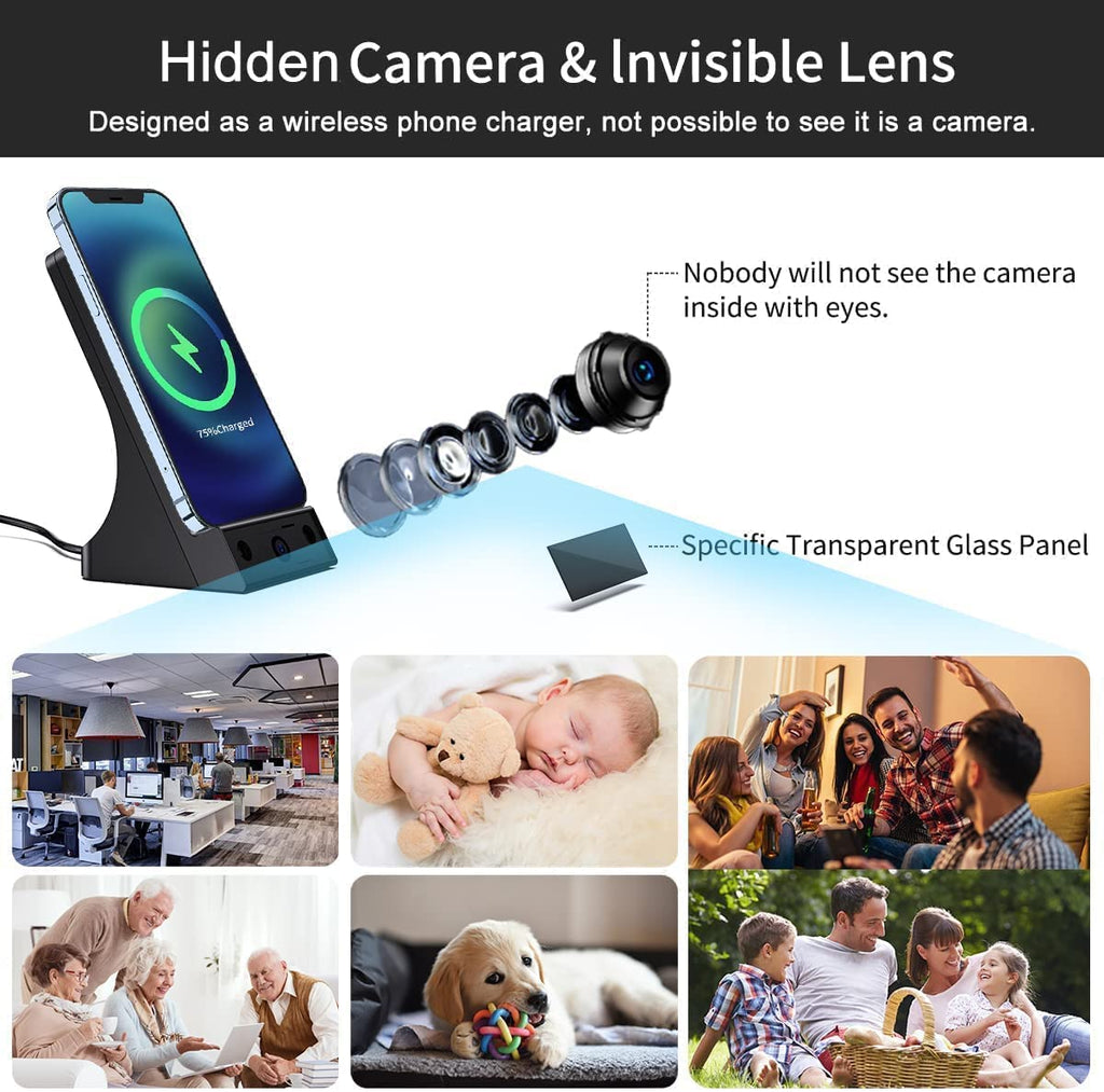 Wireless Charging Spy Hidden Camera, Night Vision IP Network WiFi Mini Camera, 140 Degree Wide Angle, 1080P HD